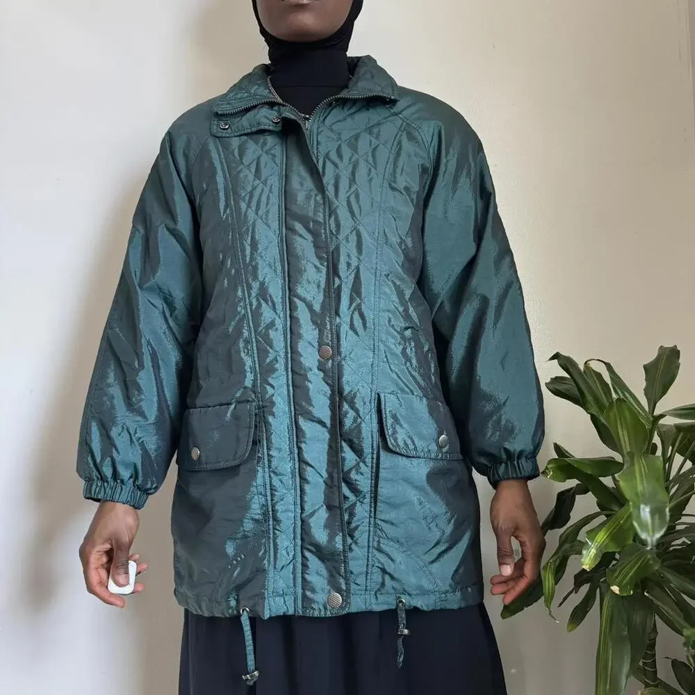 Vintage 90s London Fog Quilted Iridescent Teal Parka Jacket - M